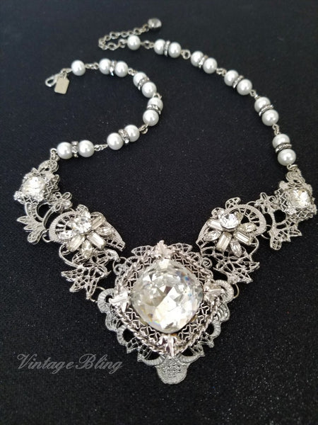 Silver Filigree Rhinestone Necklace