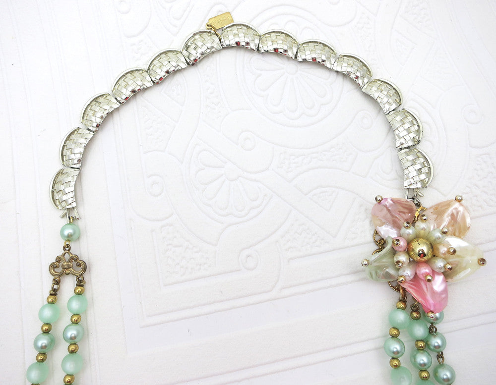 Seafoam Pearls and pastel Pink Flower Necklace