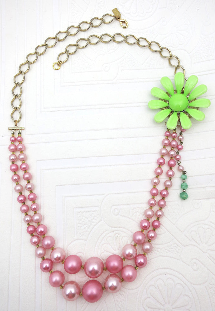 Cotton Candy Pink With Lime Green Flower Necklace