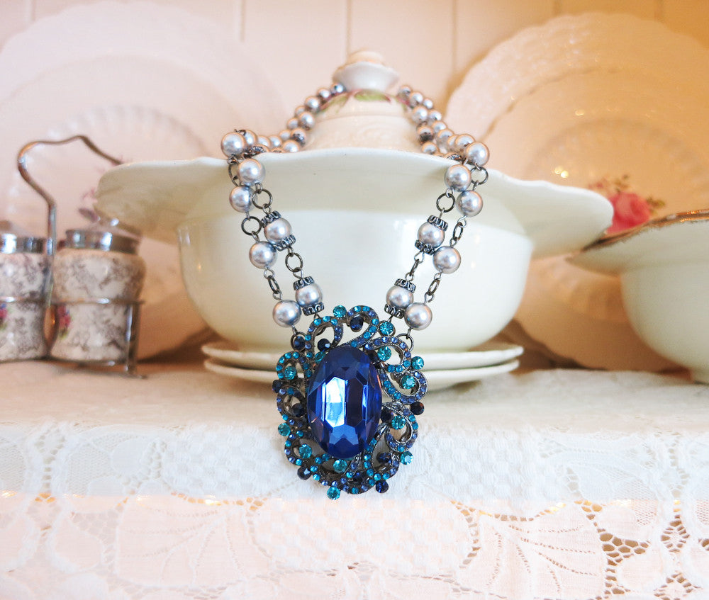 Sapphire Blue and Aqua Necklace with Silver Pearls