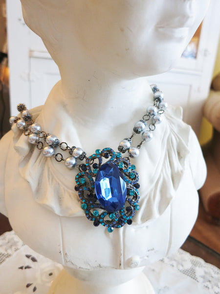 Sapphire Blue and Aqua Necklace with Silver Pearls