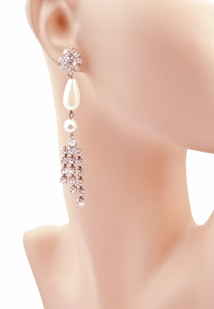Pearl Teardrop With Cascading Rhinestones Earrings