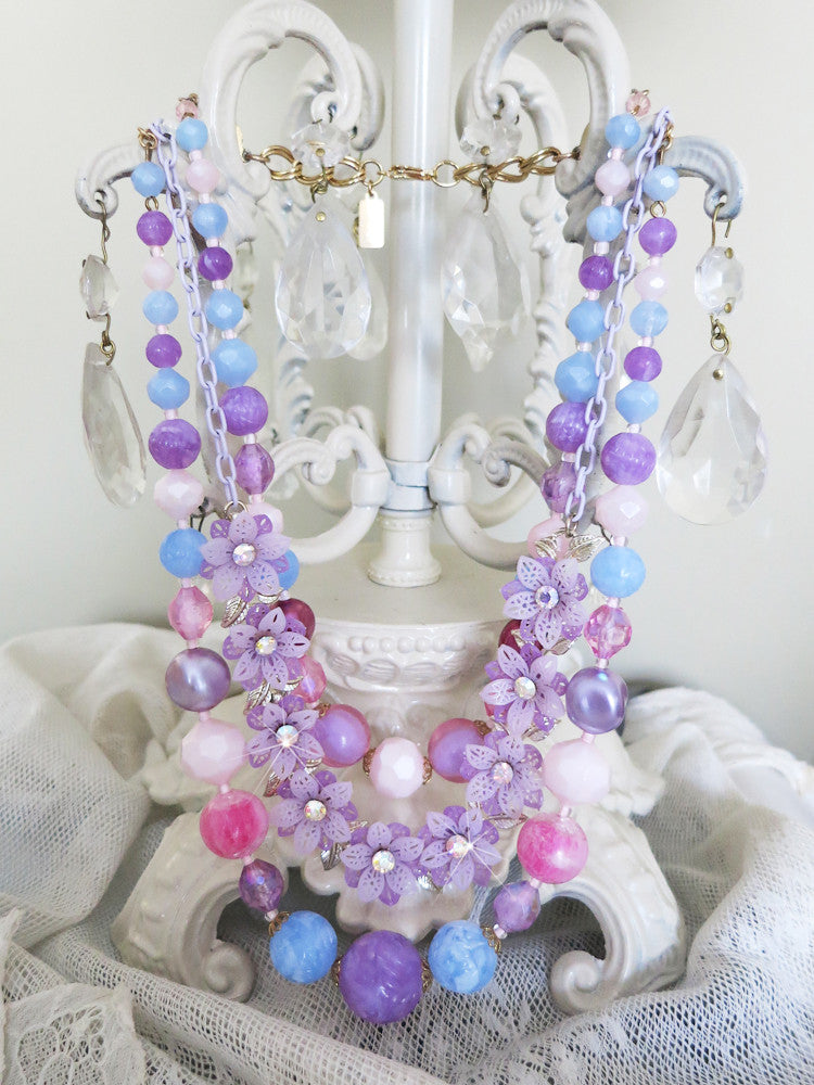 Pastel Beads With Purple Flowers Necklace