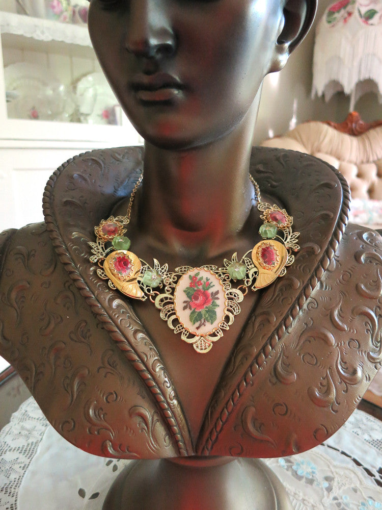 Petit Point Rose Filligree Collar/ Necklace