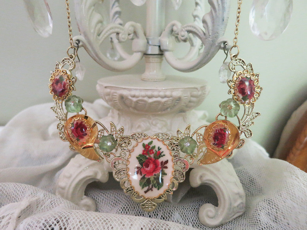Petit Point Rose Filligree Collar/ Necklace