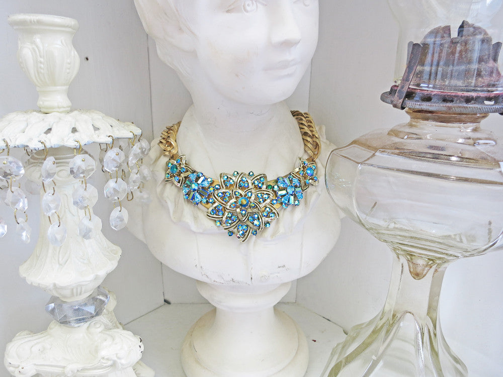 Fabulous Teal Rhinestone Collar Necklace