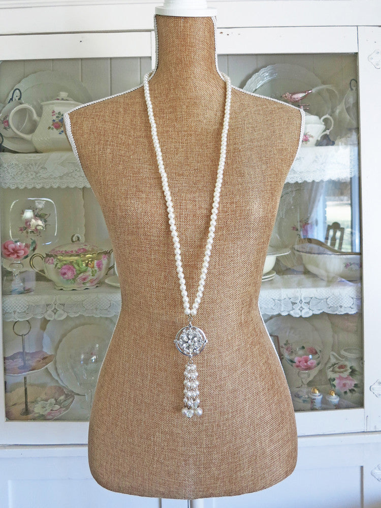 Long Pearl and Rhinestone Gatsby Necklace With Tassel