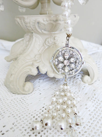 Long Pearl and Rhinestone Gatsby Necklace With Tassel