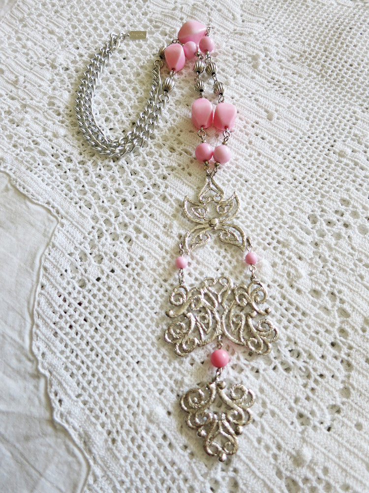 Pretty Pink and Silver Filigree Necklace