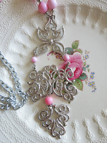 Pretty Pink and Silver Filigree Necklace