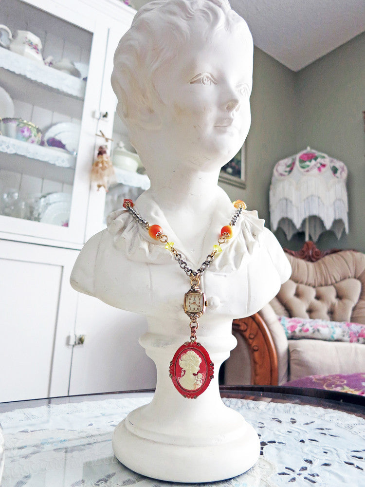 Orange Cameo and Vintage Watch Necklace