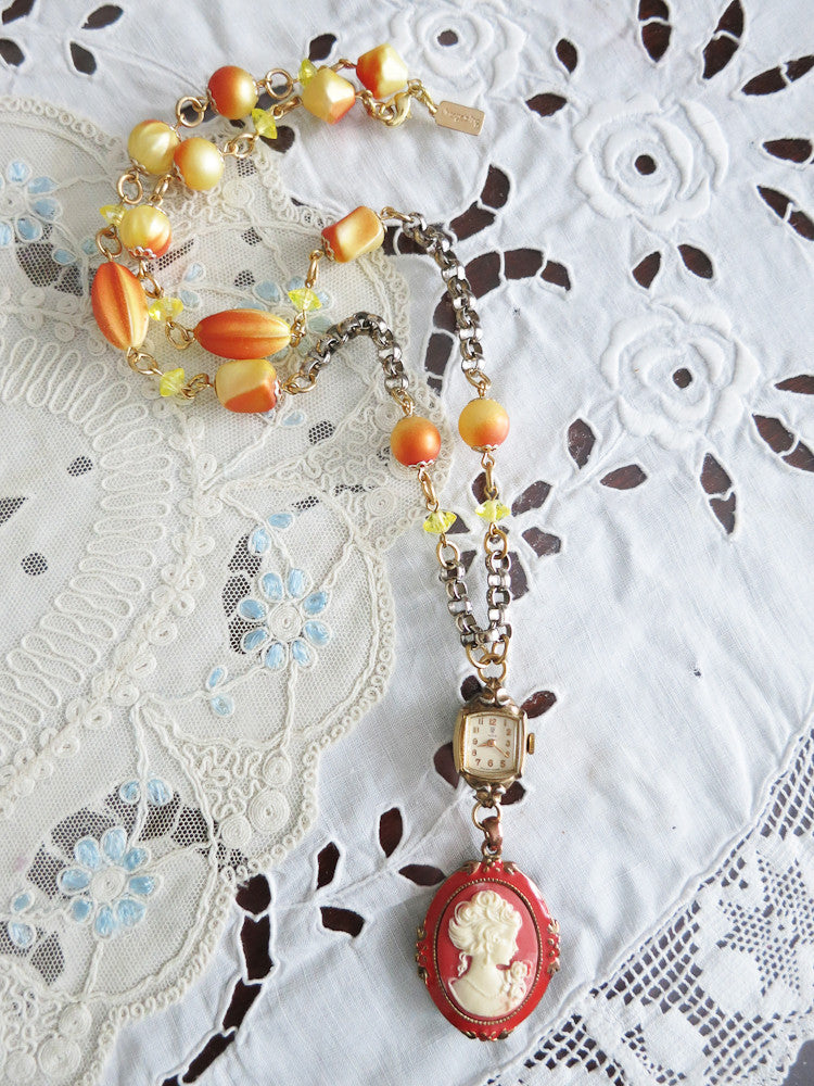 Orange Cameo and Vintage Watch Necklace