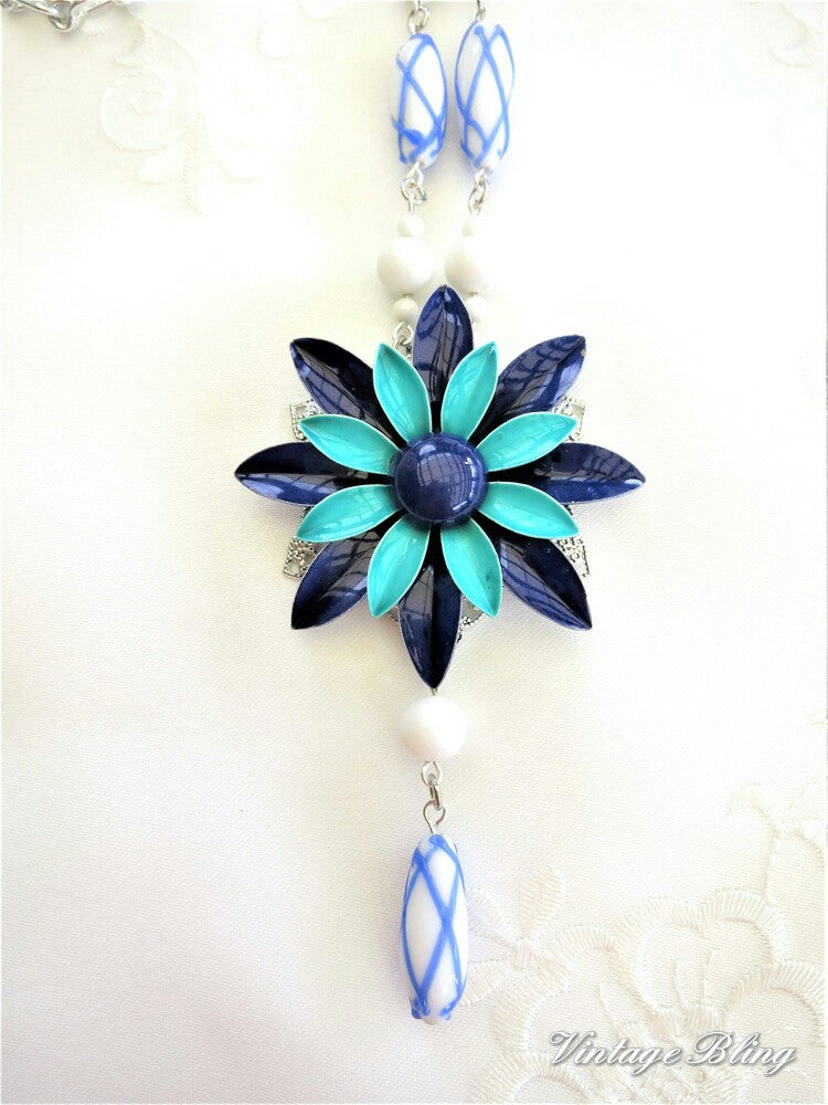 Aqua, Blue & White Enamel Flower Necklace