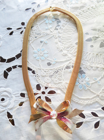 Pink Bow on Gold Mesh Necklace