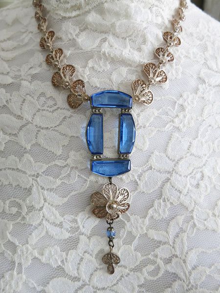 Blue With Silver Filigree Necklace