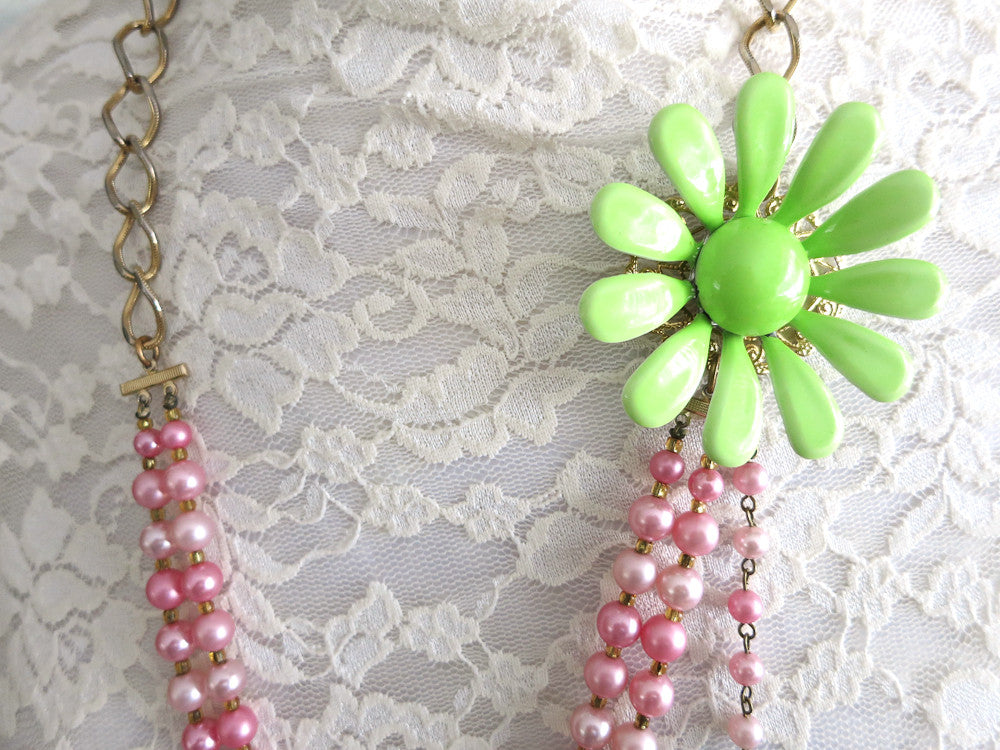 Cotton Candy Pink With Lime Green Flower Necklace