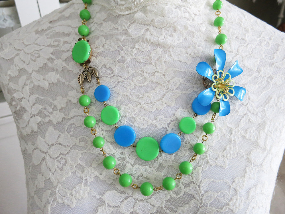Funky Blue and Green Enamel Flower Necklace