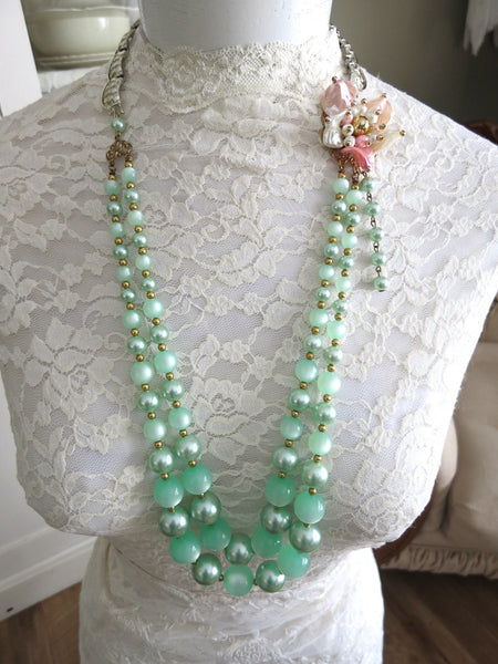 Seafoam Pearls and pastel Pink Flower Necklace