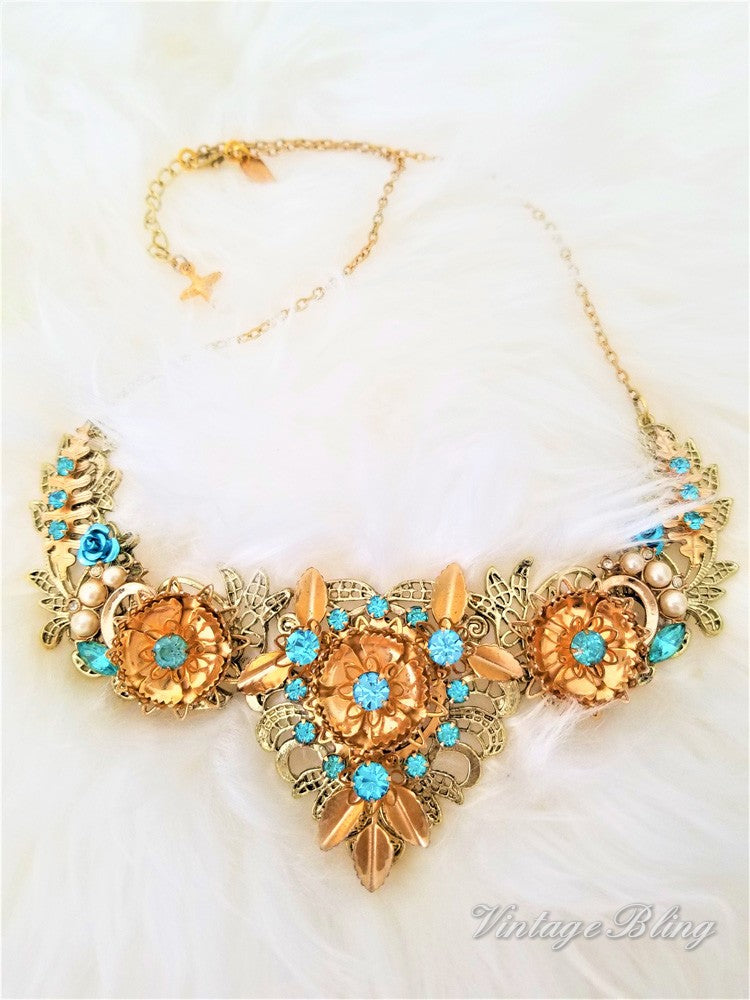 Turquoise and Gold Filigree Bib Style Necklace