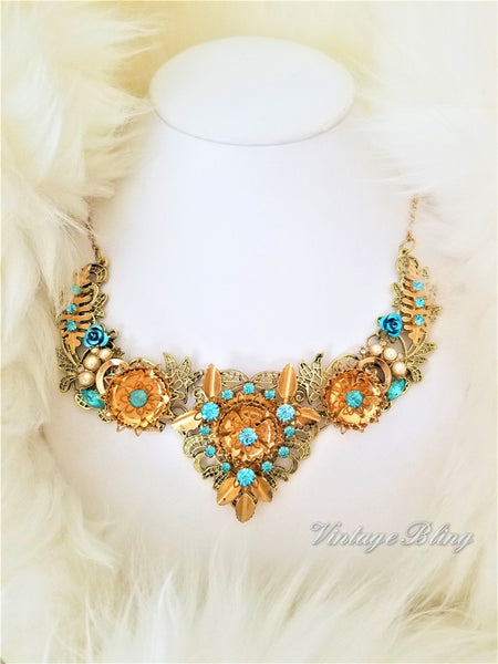 Turquoise and Gold Filigree Bib Style Necklace