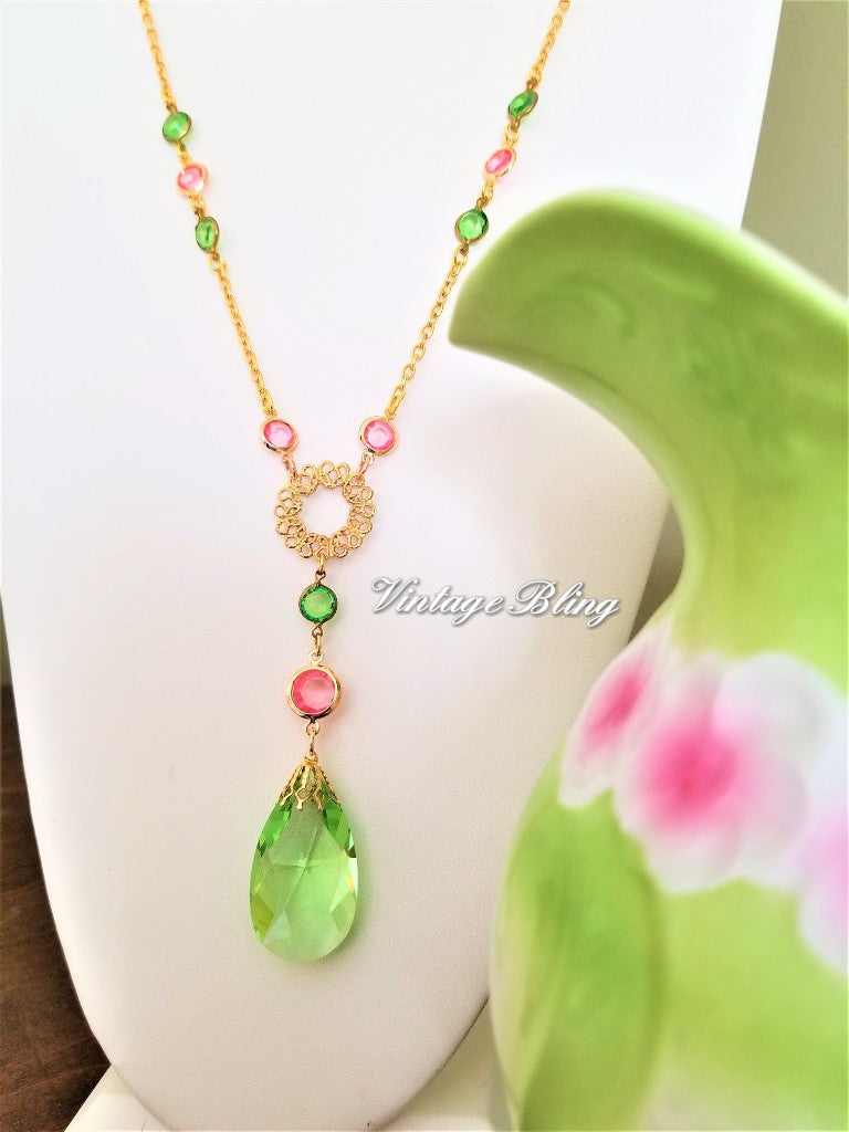 Green & Pink Chandelier Crystal Necklace