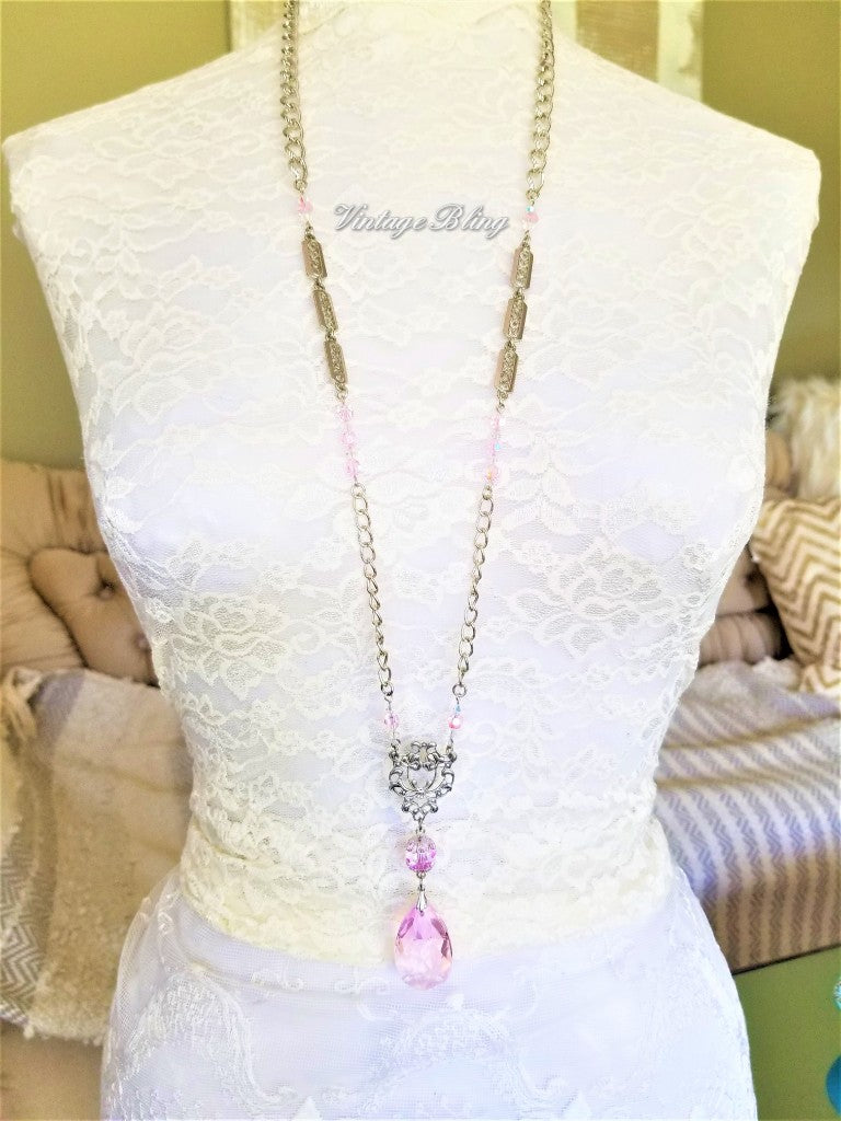 Peony Pink Chandelier Crystal Necklace