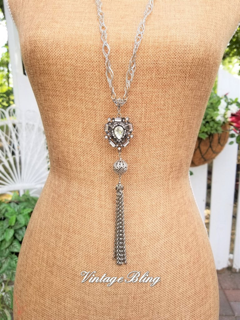 Silver Rhinestone Pendant Tassel Necklace