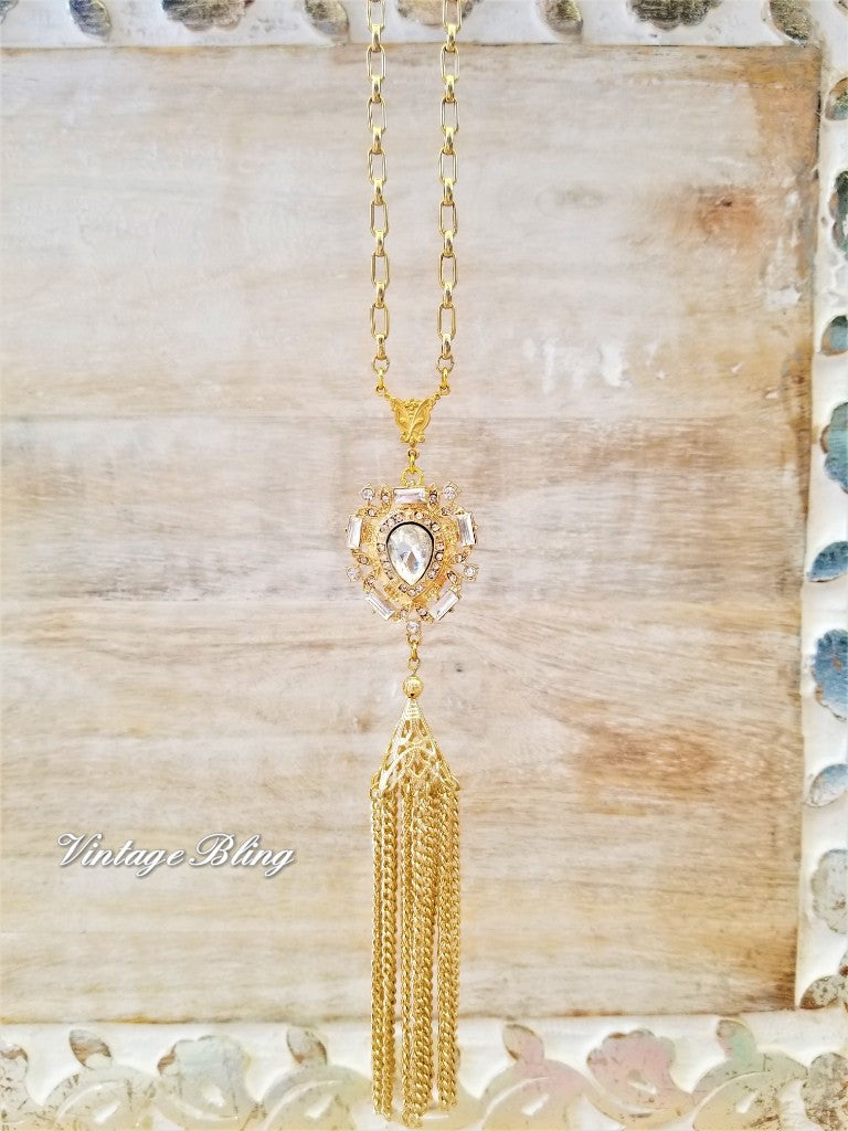 Gold Rhinestone Pendant Tassel Necklace