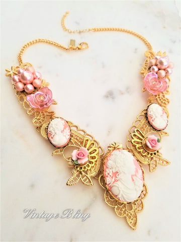 Pink Cameo Statement Necklace 18K