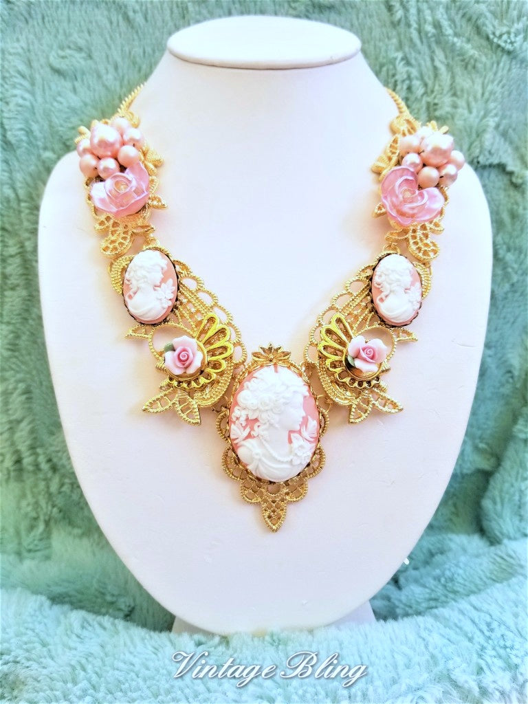 Pink Cameo Statement Necklace 18K Vintage Bling