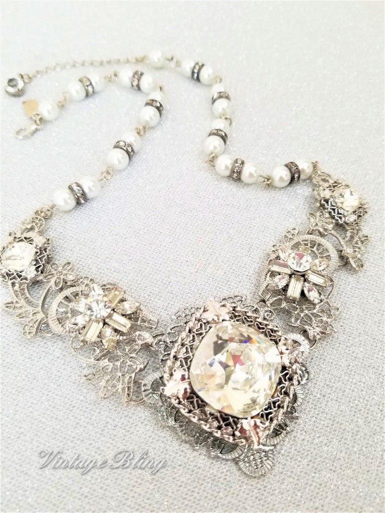 Silver Filigree Rhinestone Necklace